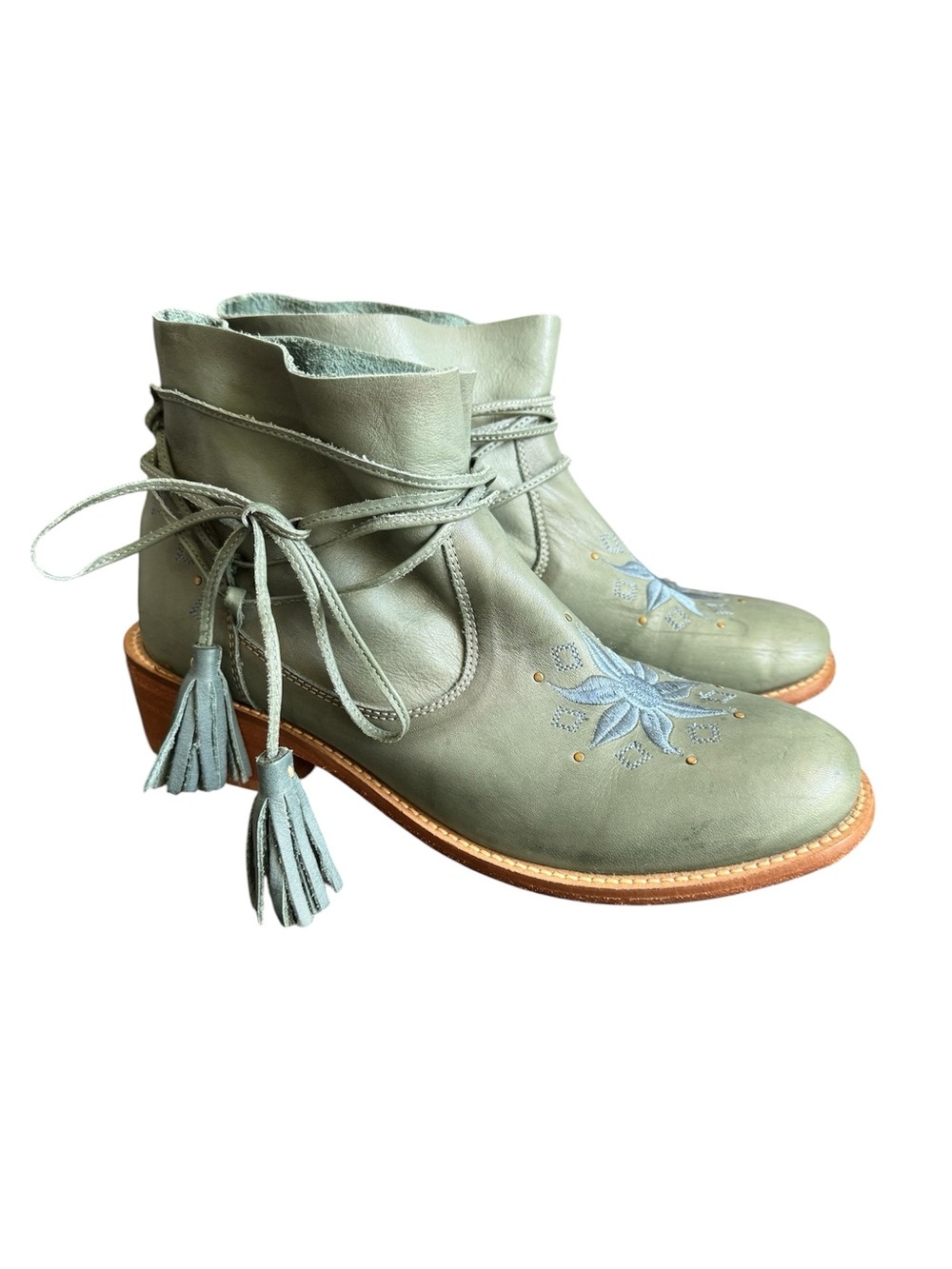 Musse & Cloud Green Blue Leather Ankle Boots Embroidered Tie‎ Tassel Womens 10